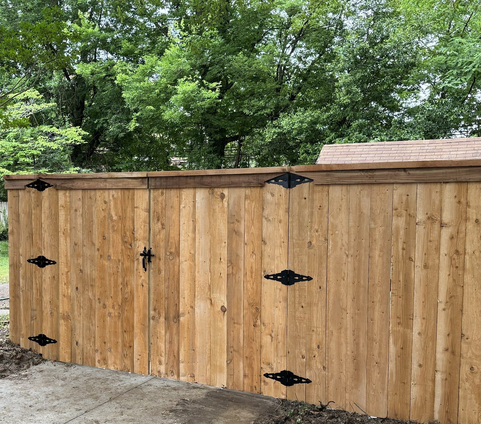 Double wood privacy gate with black hinges and latch